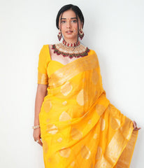 Radiant Yellow Cotton Silk Saree with Jacquard Detailing & Unstitched Blouse