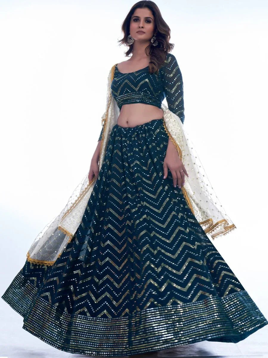 Rama Color Georgette Lehenga Choli – Sequins & Thread Embroidery