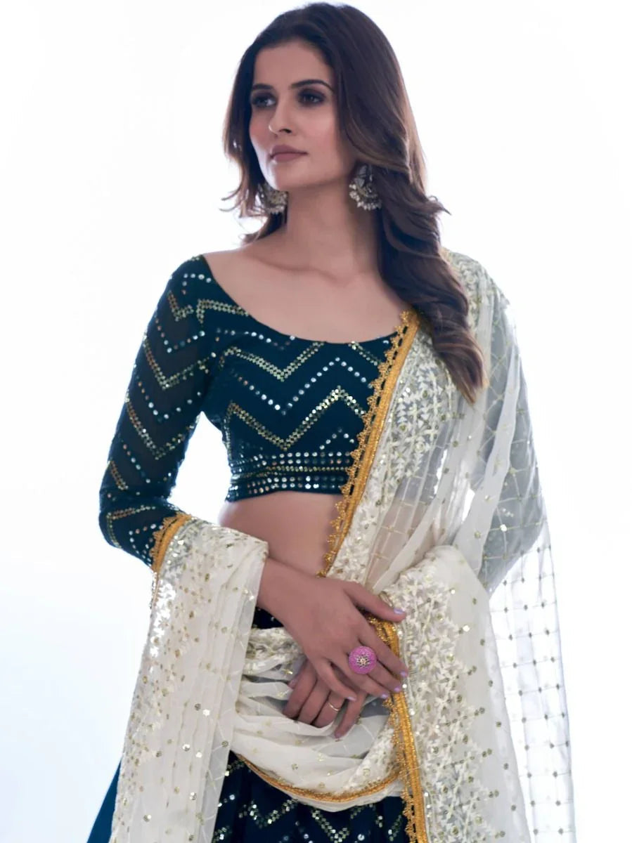 Rama Color Georgette Lehenga Choli – Sequins & Thread Embroidery