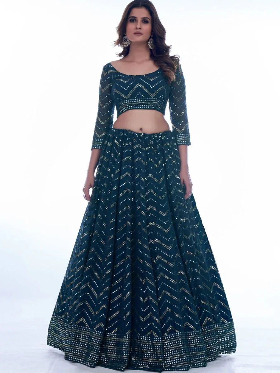 Rama Color Georgette Lehenga Choli – Sequins & Thread Embroidery