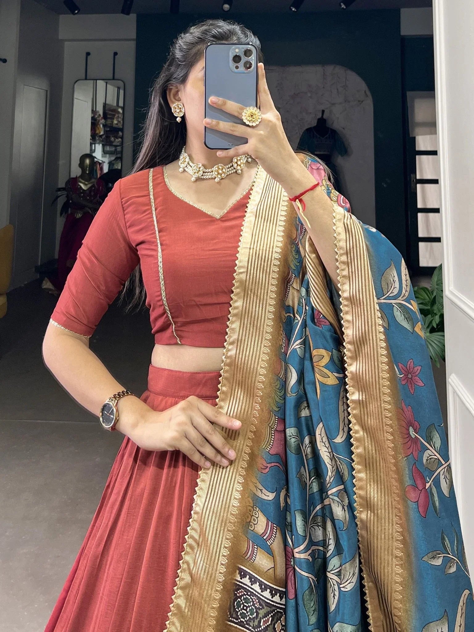 Red Chinon Silk Lacework Lehenga Choli with Dupatta