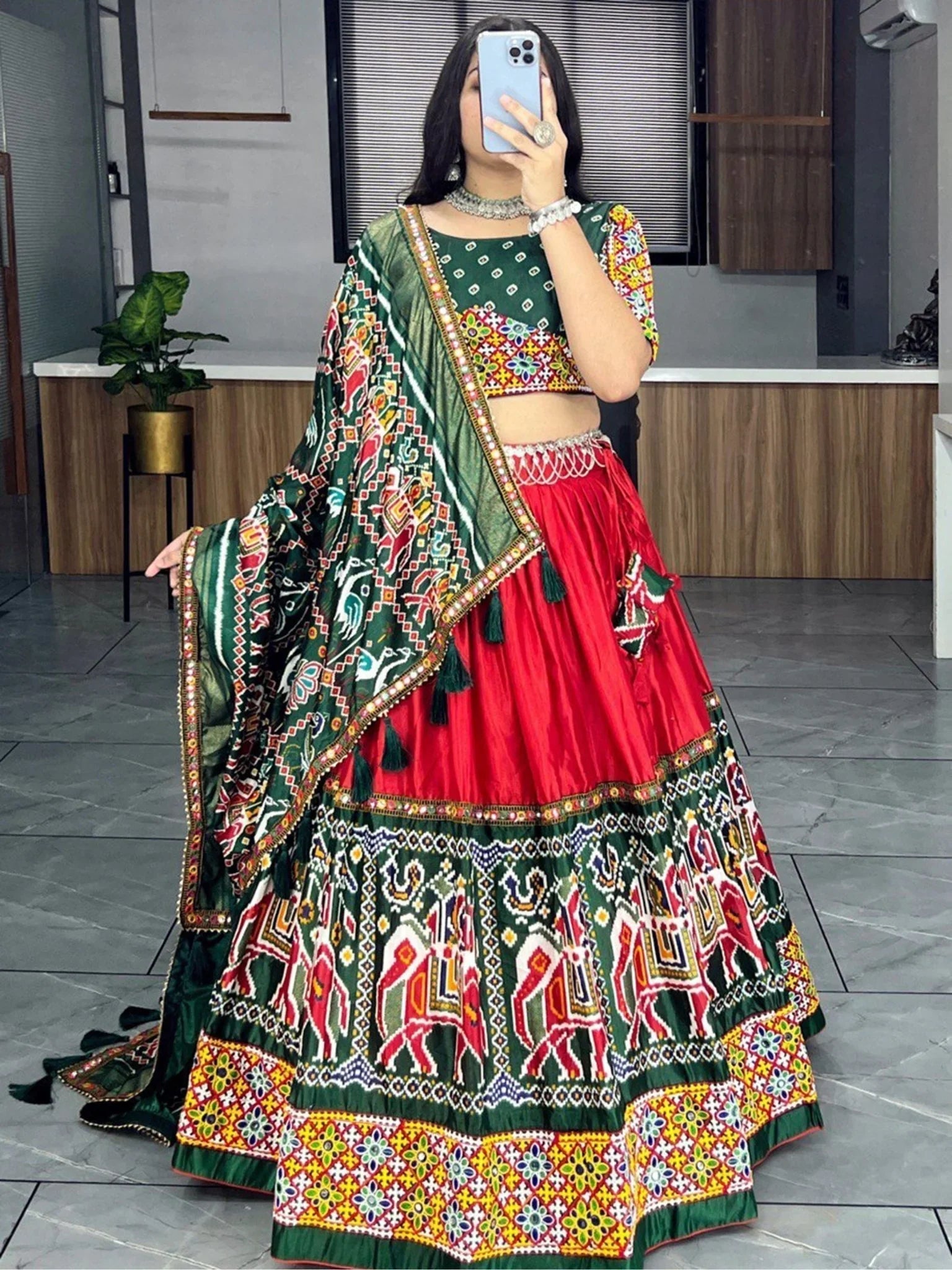 Red & Green Dola Silk Lehenga Choli – Patola & Paithani Prints with Mirror Work