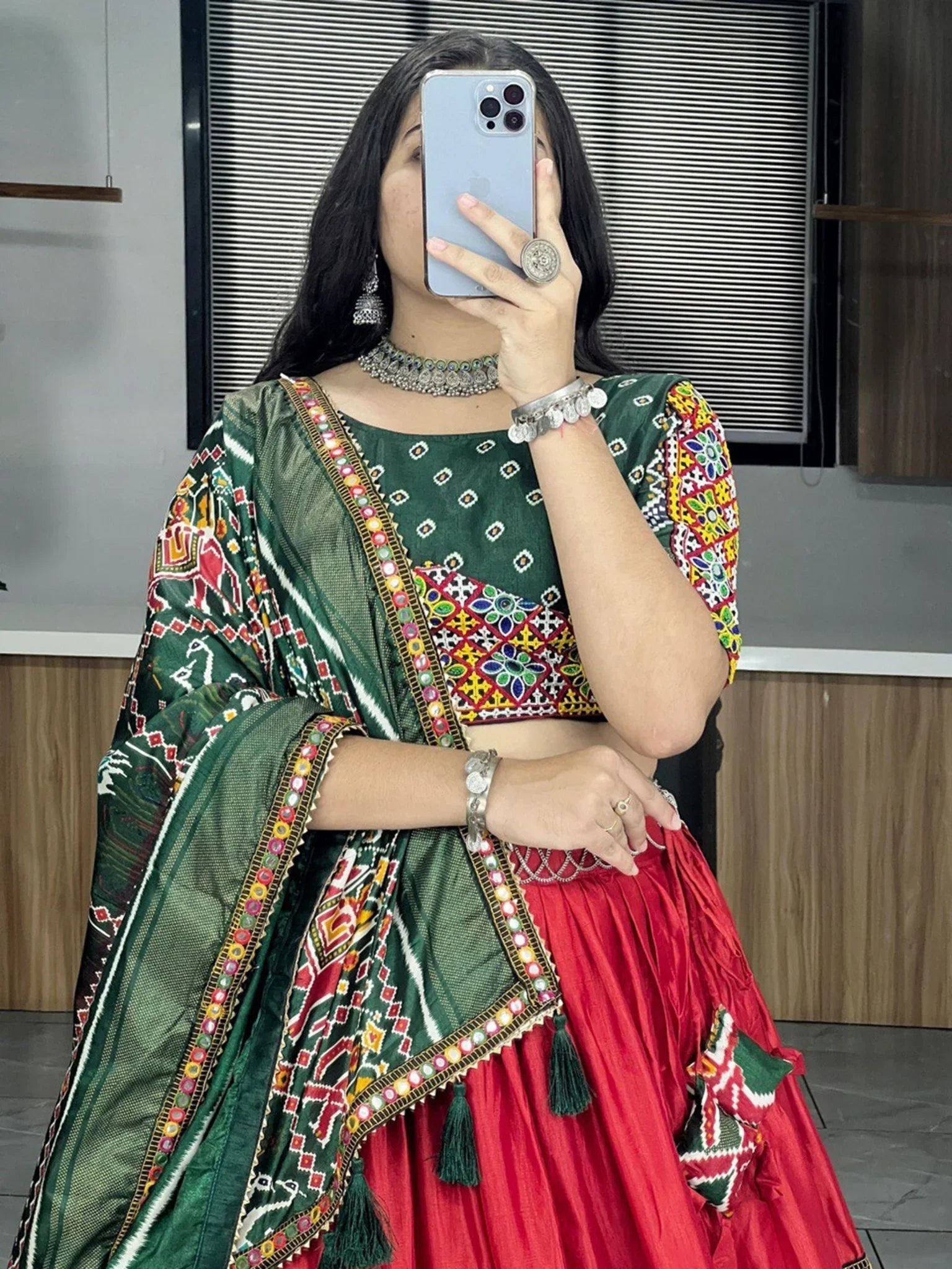 Red & Green Dola Silk Lehenga Choli – Patola & Paithani Prints with Mirror Work