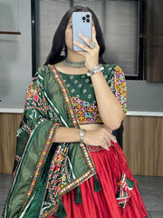Red & Green Dola Silk Lehenga Choli – Patola & Paithani Prints with Mirror Work