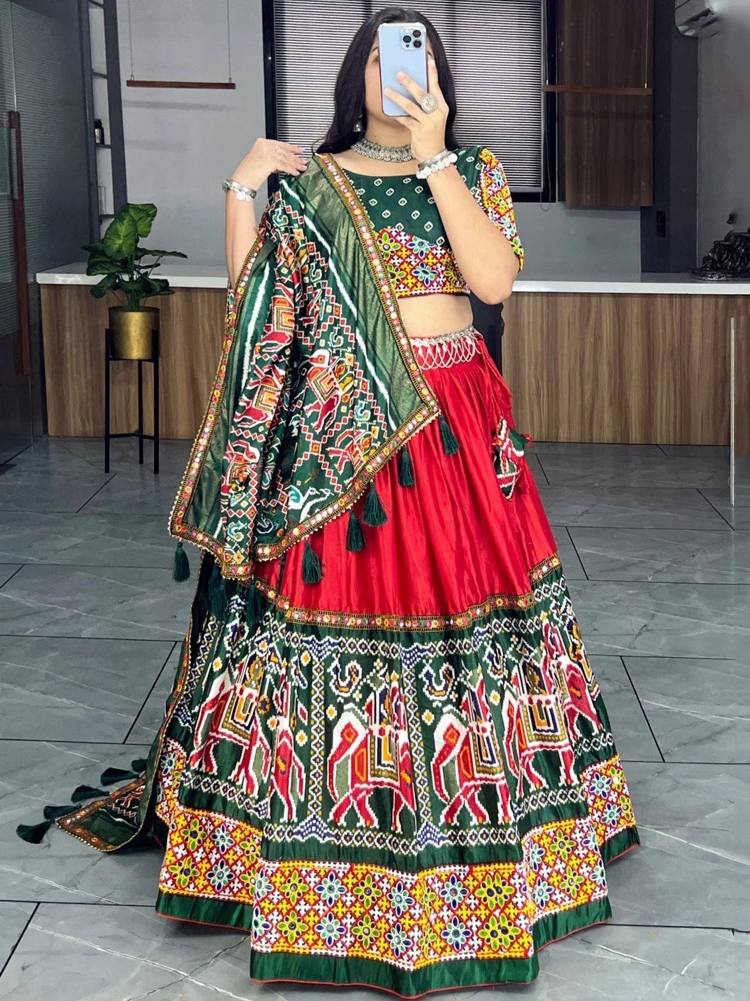 Red & Green Dola Silk Lehenga Choli – Patola & Paithani Prints with Mirror Work
