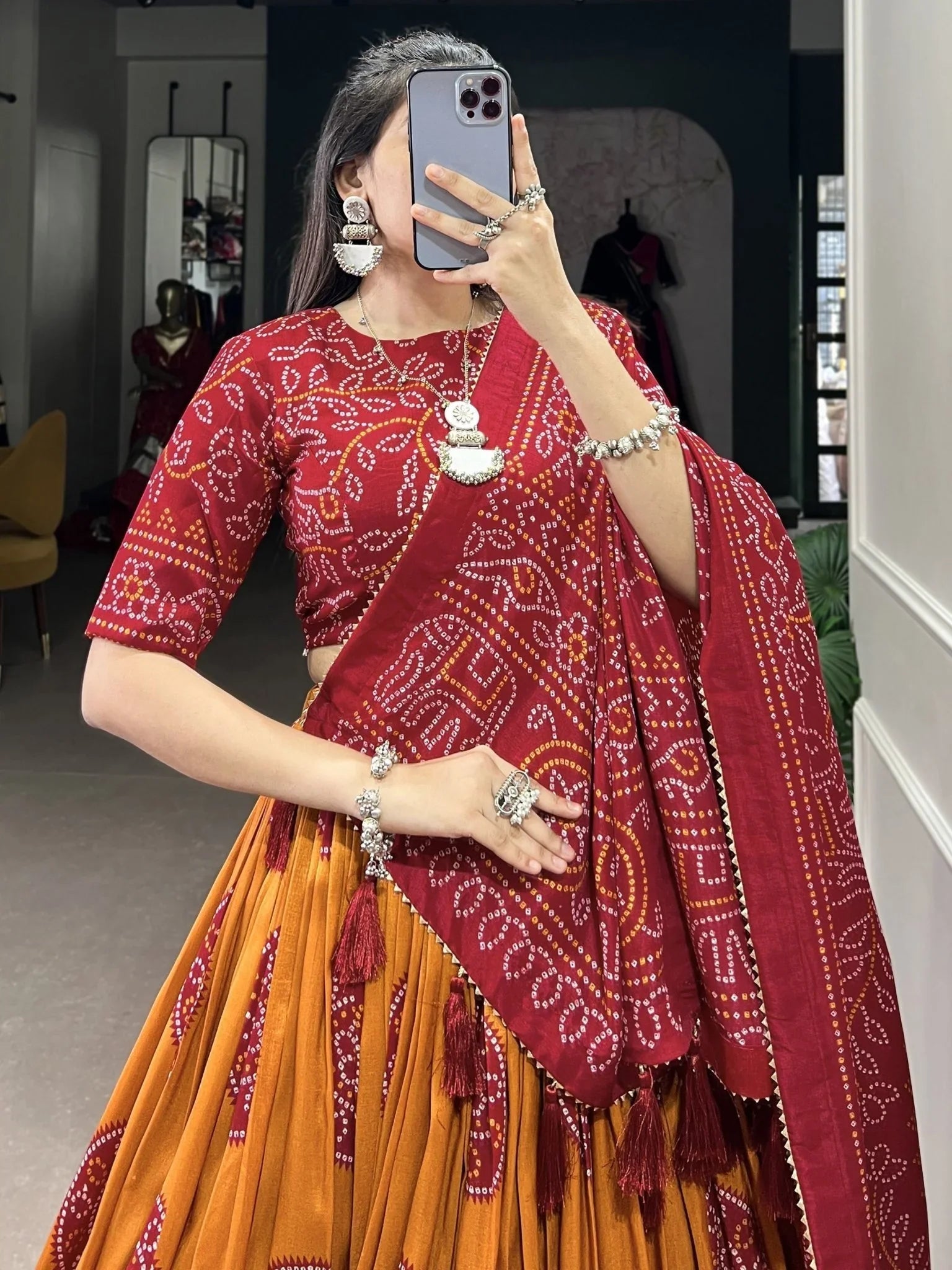 Red & Mustard Tussar Silk Lehenga – Festive & Wedding Wear