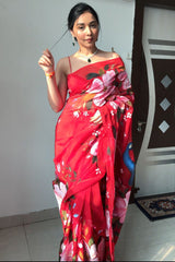 Red Organza Silk Saree with Printed Design