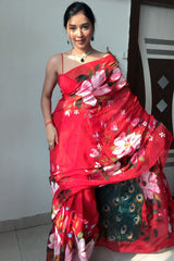 Red Organza Silk Saree with Printed Design