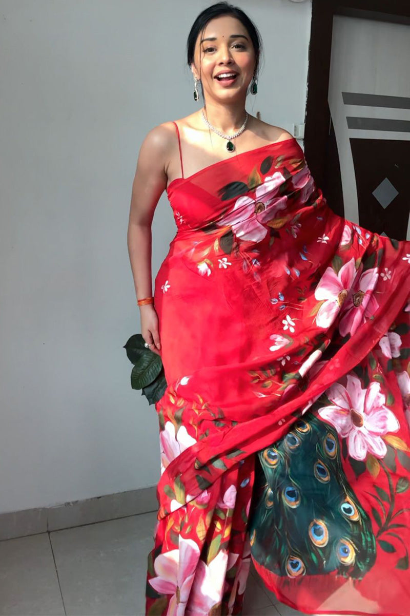 Red Organza Silk Saree with Printed Design