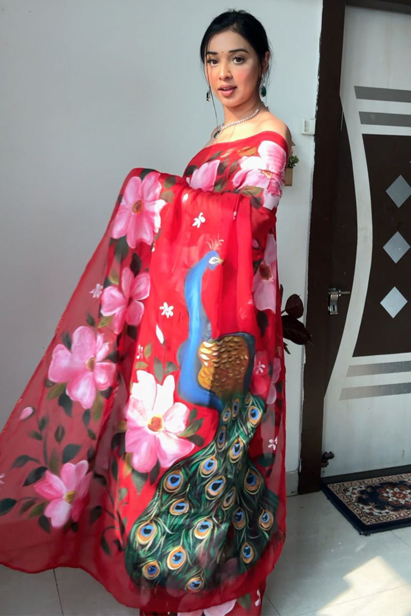 Red Organza Silk Saree with Printed Design