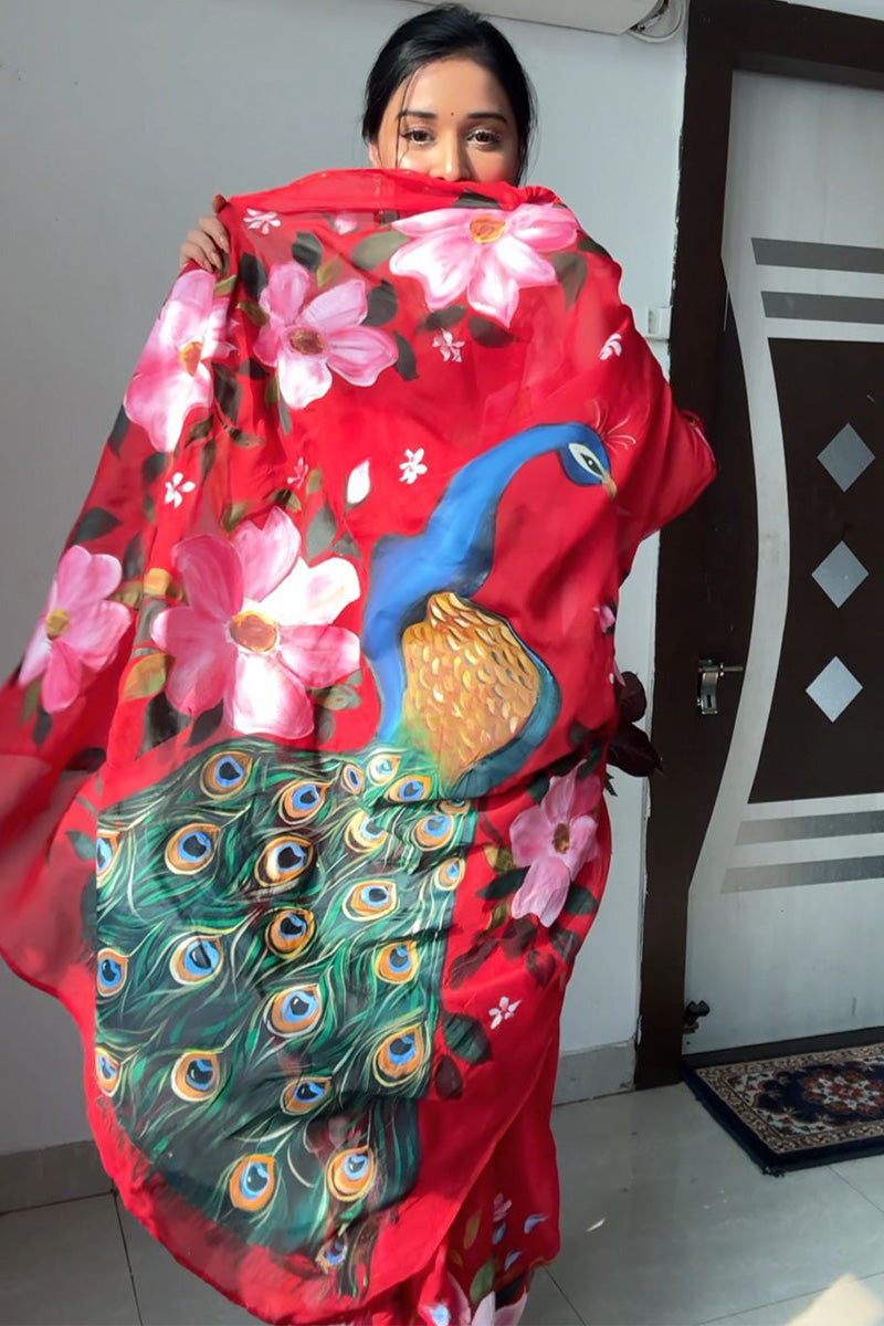 Red Organza Silk Saree with Printed Design