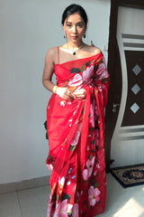 Red Organza Silk Saree with Printed Design
