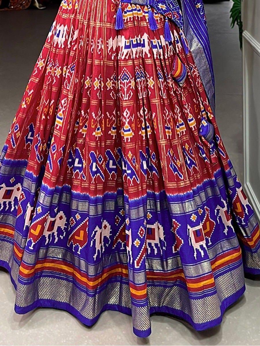 Red Patola Printed Tussar Silk Lehenga Choli with Blue Dupatta