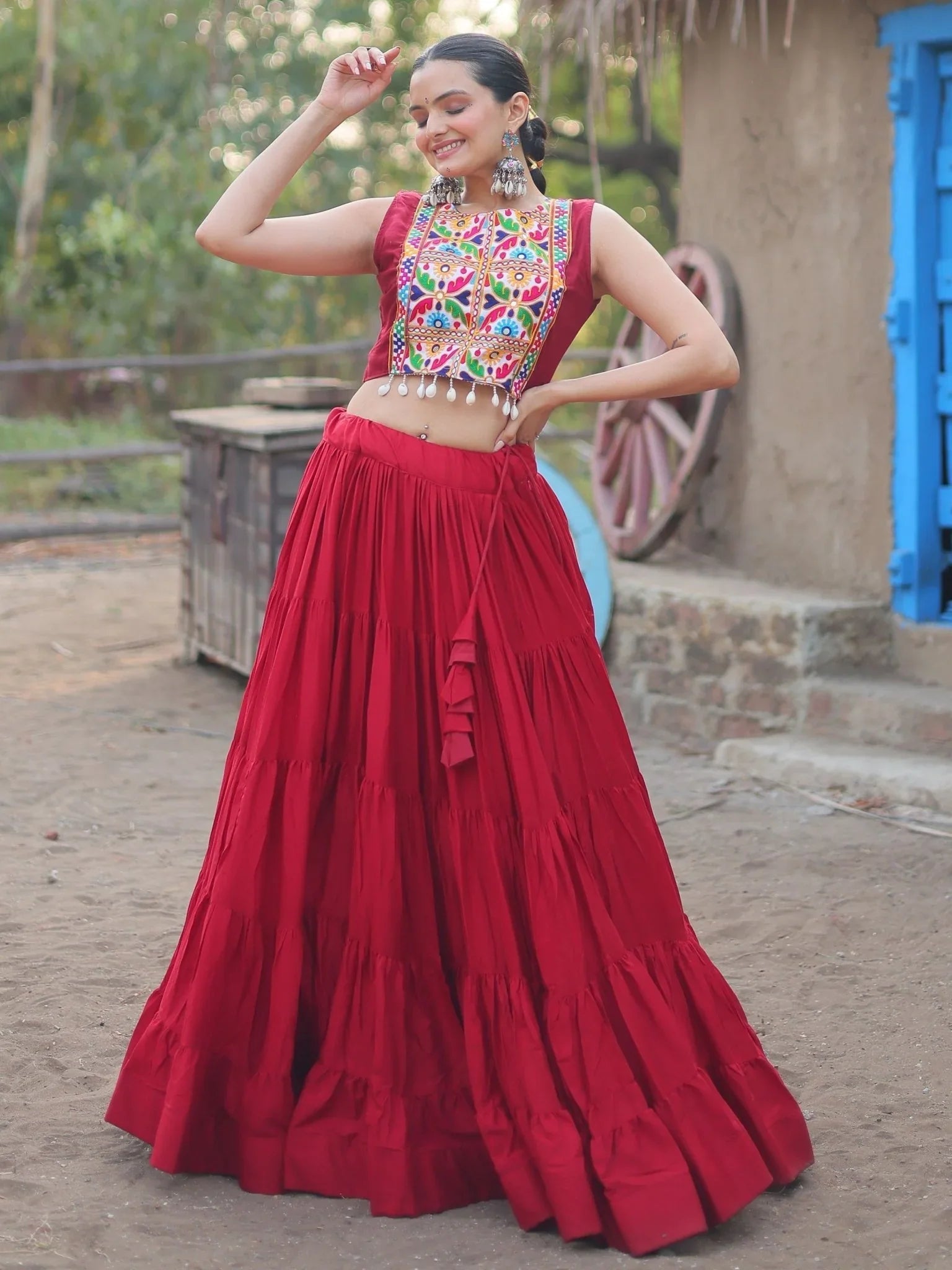 Red Rayon Lehenga Choli with Gamthi Thread Embroidered Koti – Festive Navratri Wear