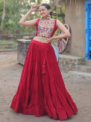 Red Rayon Lehenga Choli with Gamthi Thread Embroidered Koti – Festive Navratri Wear