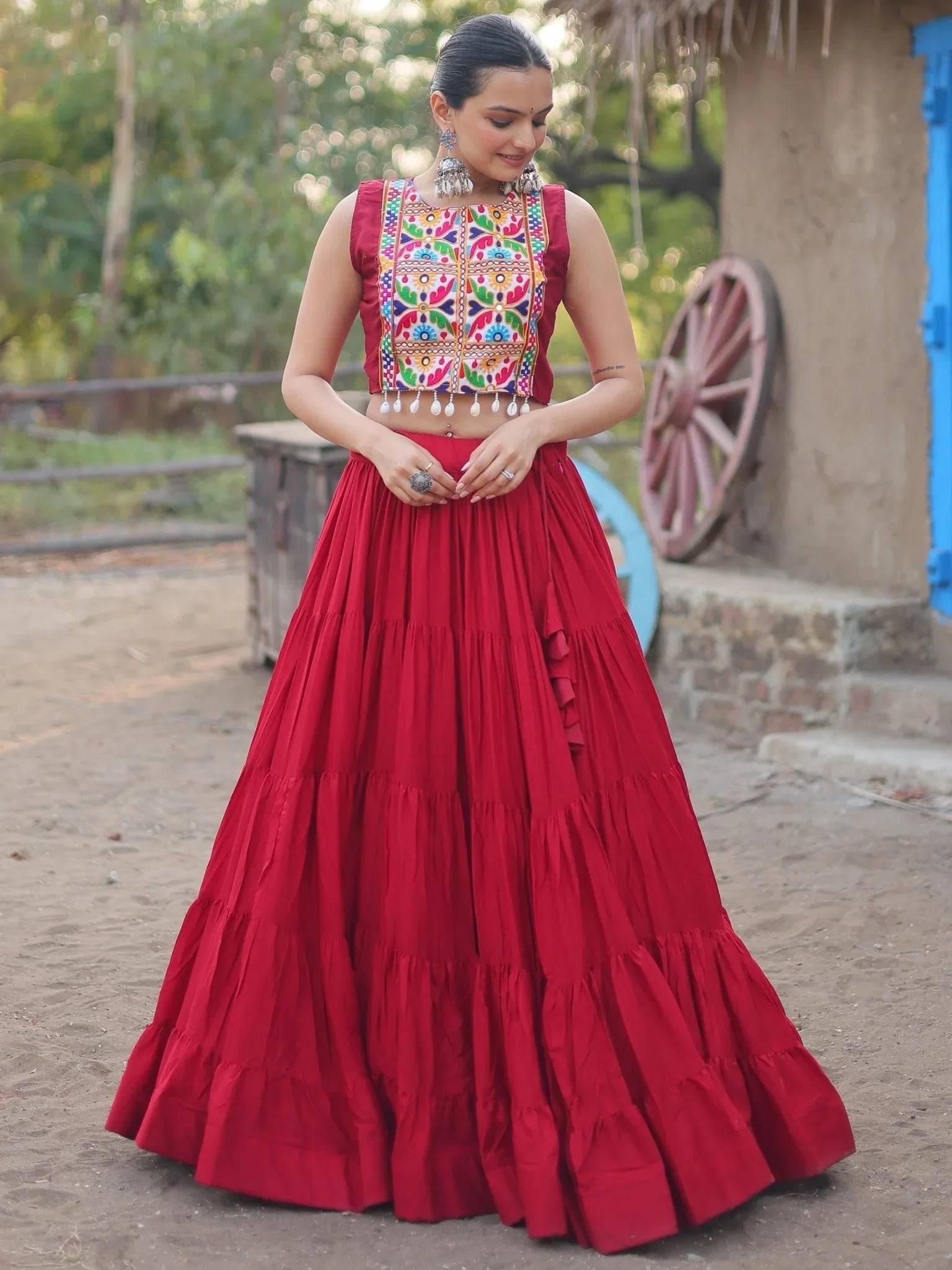 Red Rayon Lehenga Choli with Gamthi Thread Embroidered Koti – Festive Navratri Wear