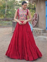 Red Rayon Lehenga Choli with Gamthi Thread Embroidered Koti – Festive Navratri Wear
