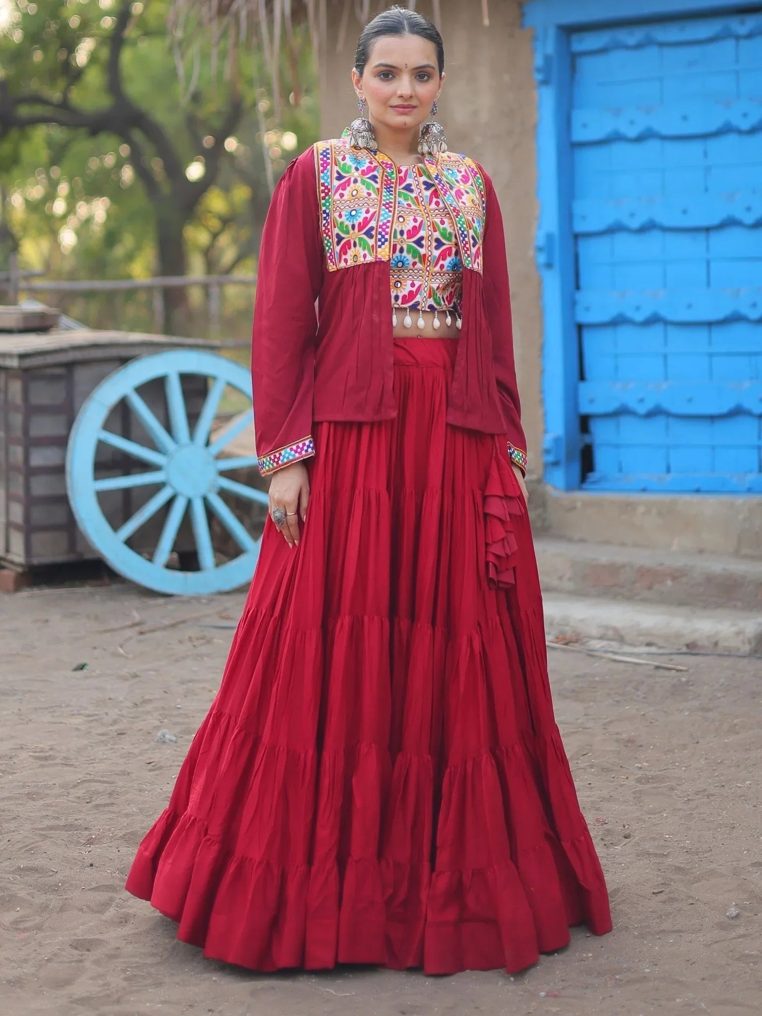 Red Rayon Lehenga Choli with Gamthi Thread Embroidered Koti – Festive Navratri Wear