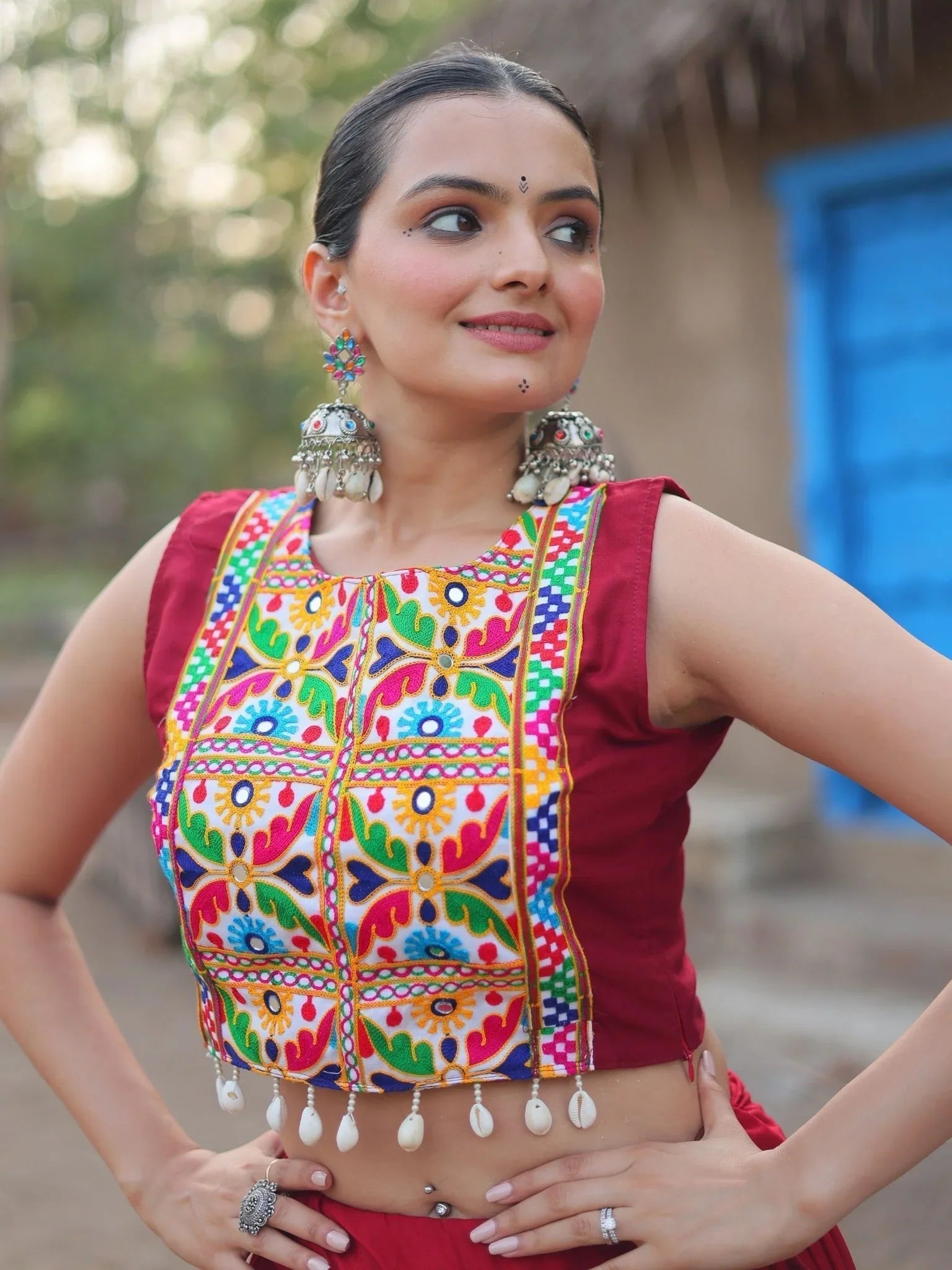 Red Rayon Lehenga Choli with Gamthi Thread Embroidered Koti – Festive Navratri Wear