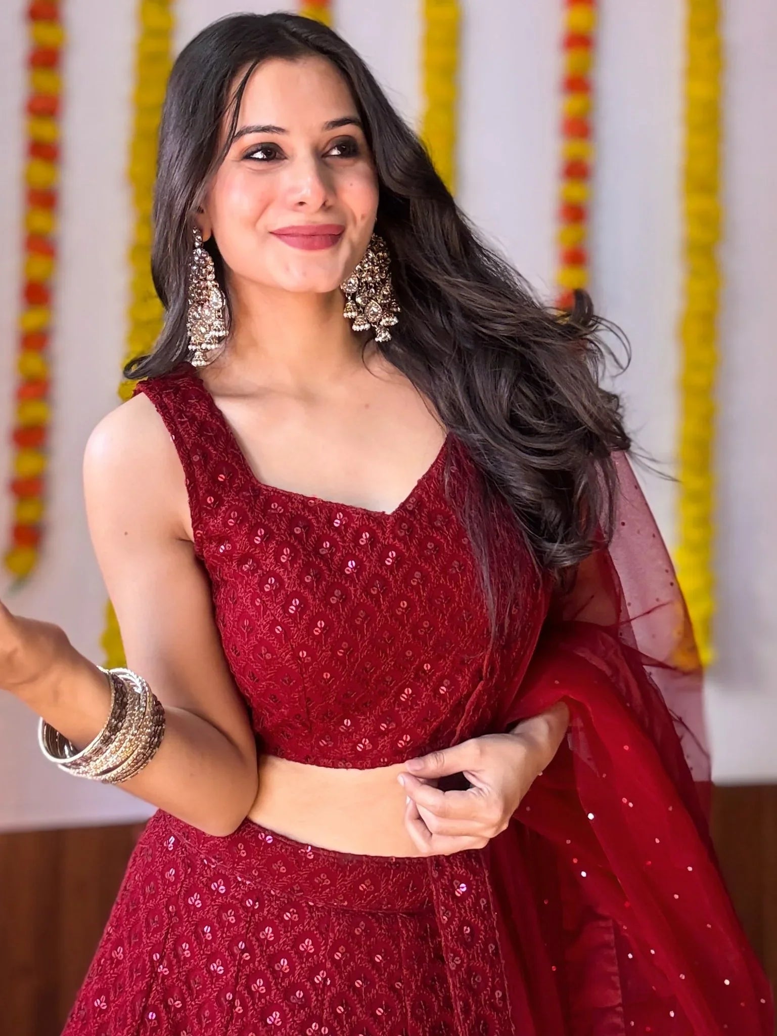 Regal Maroon Georgette Lehenga Choli with Thread Embroidery & Sequins