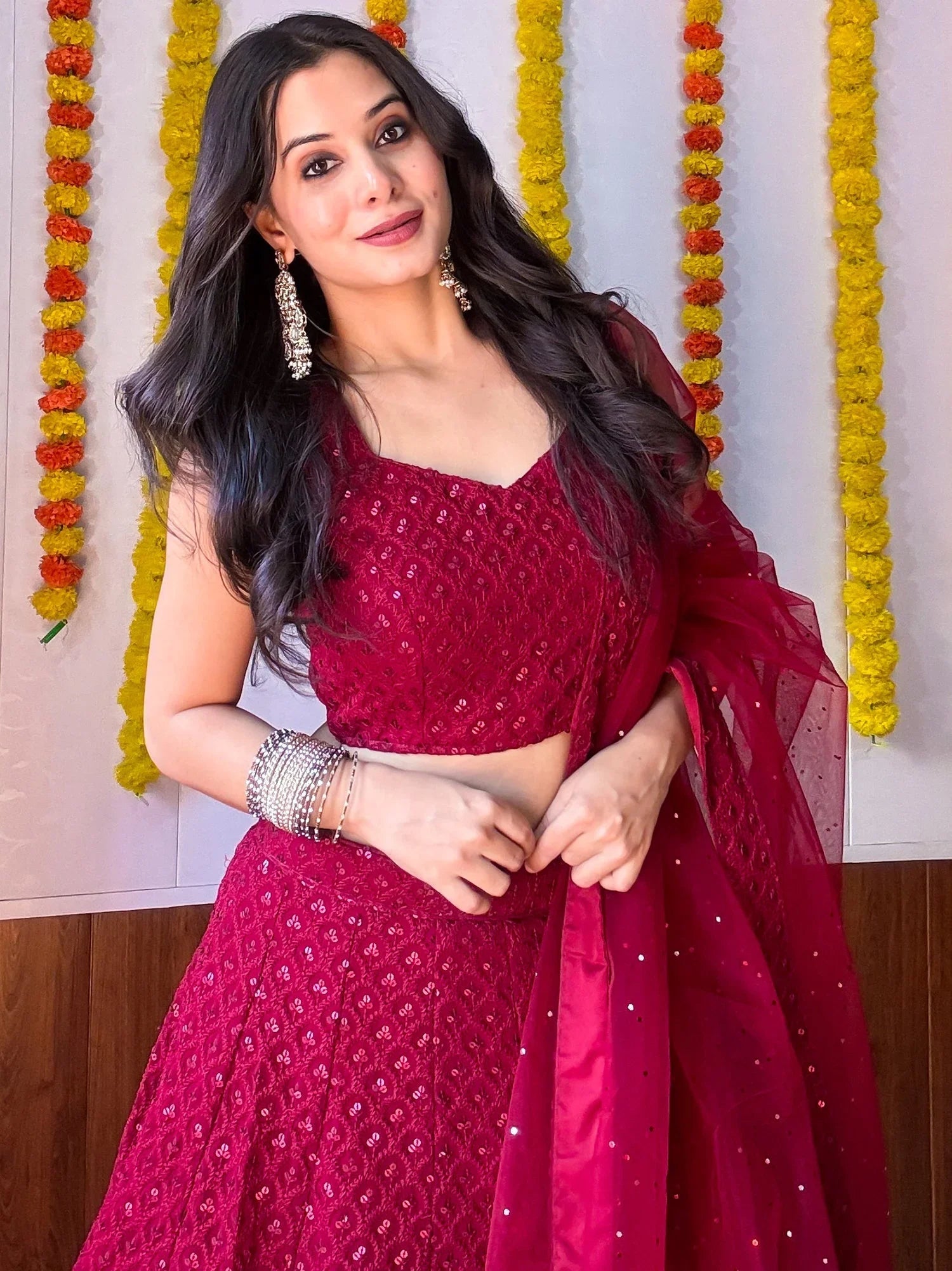 Regal Maroon Georgette Lehenga Choli with Thread Embroidery & Sequins