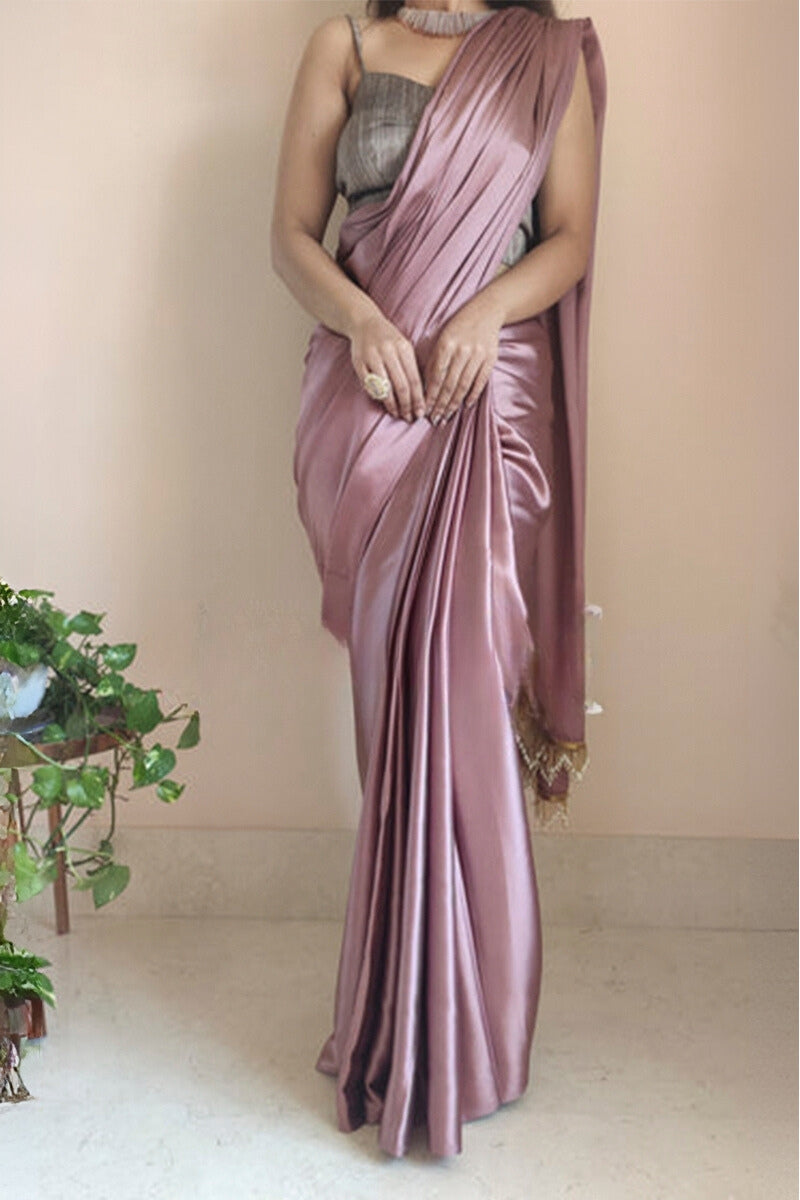 Rose Gold Satin Silk Ready-To-Wear Saree with Grey Blouse
