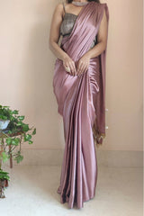 Rose Gold Satin Silk Ready-To-Wear Saree with Grey Blouse