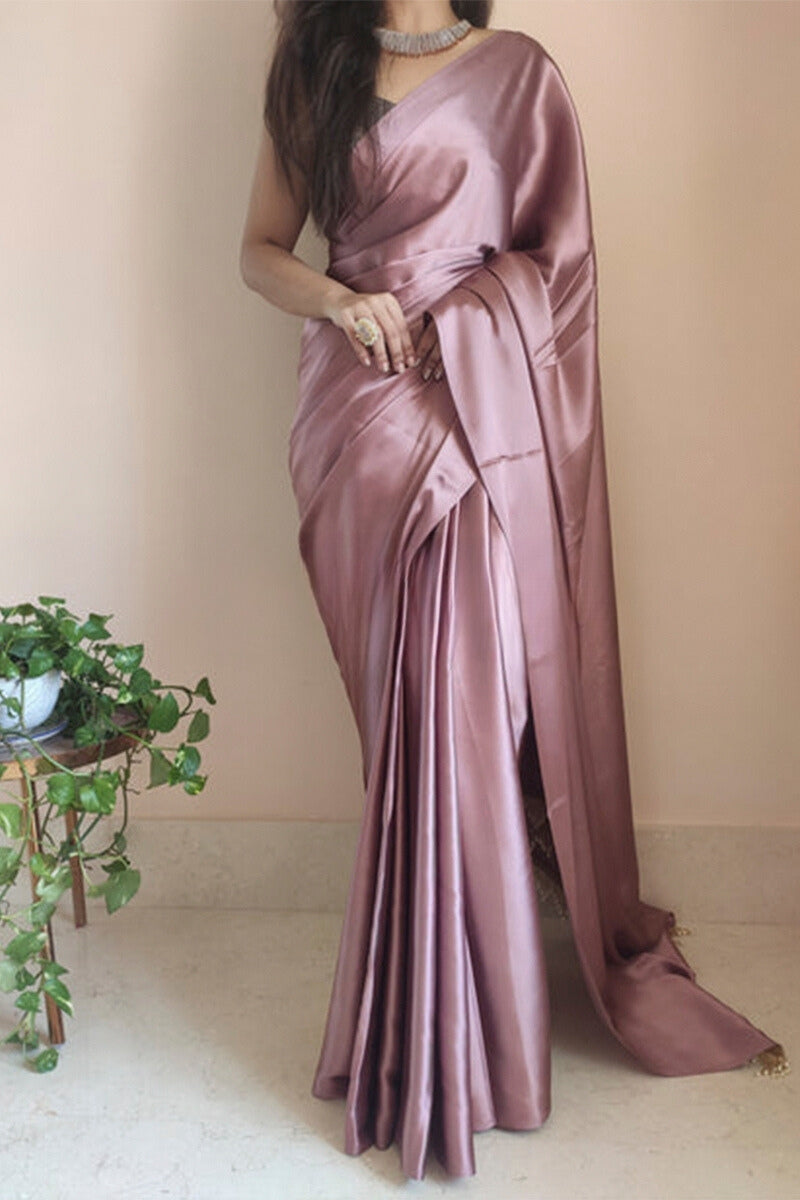 Rose Gold Satin Silk Ready-To-Wear Saree with Grey Blouse