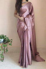 Rose Gold Satin Silk Ready-To-Wear Saree with Grey Blouse