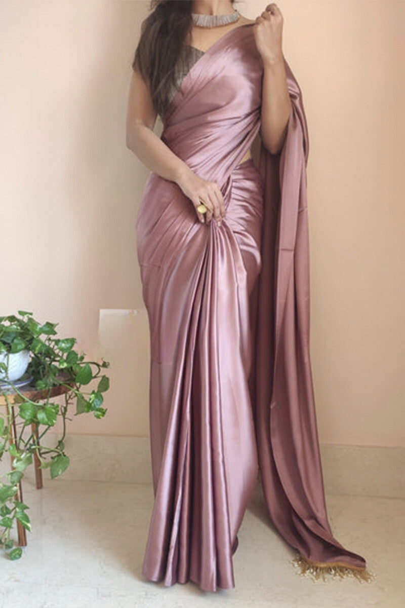 Rose Gold Satin Silk Ready-To-Wear Saree with Grey Blouse