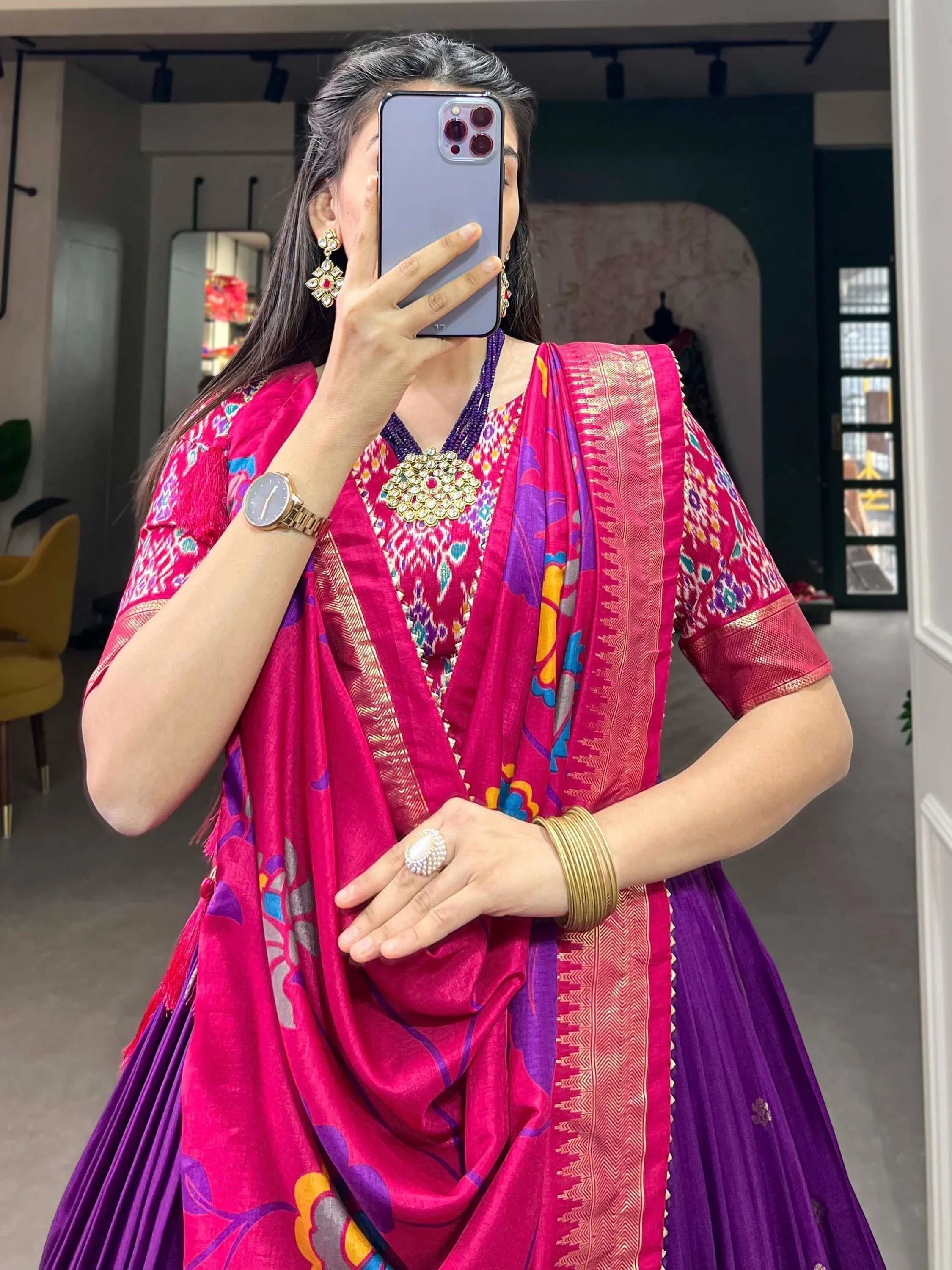 Royal Purple Tussar Silk Printed & Foil Work Lehenga Choli with Dupatta