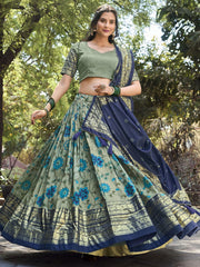 Sage Green Tussar Silk Lehenga Choli with Kalamkari Print & Foil Work – Elegant Ethnic Wear