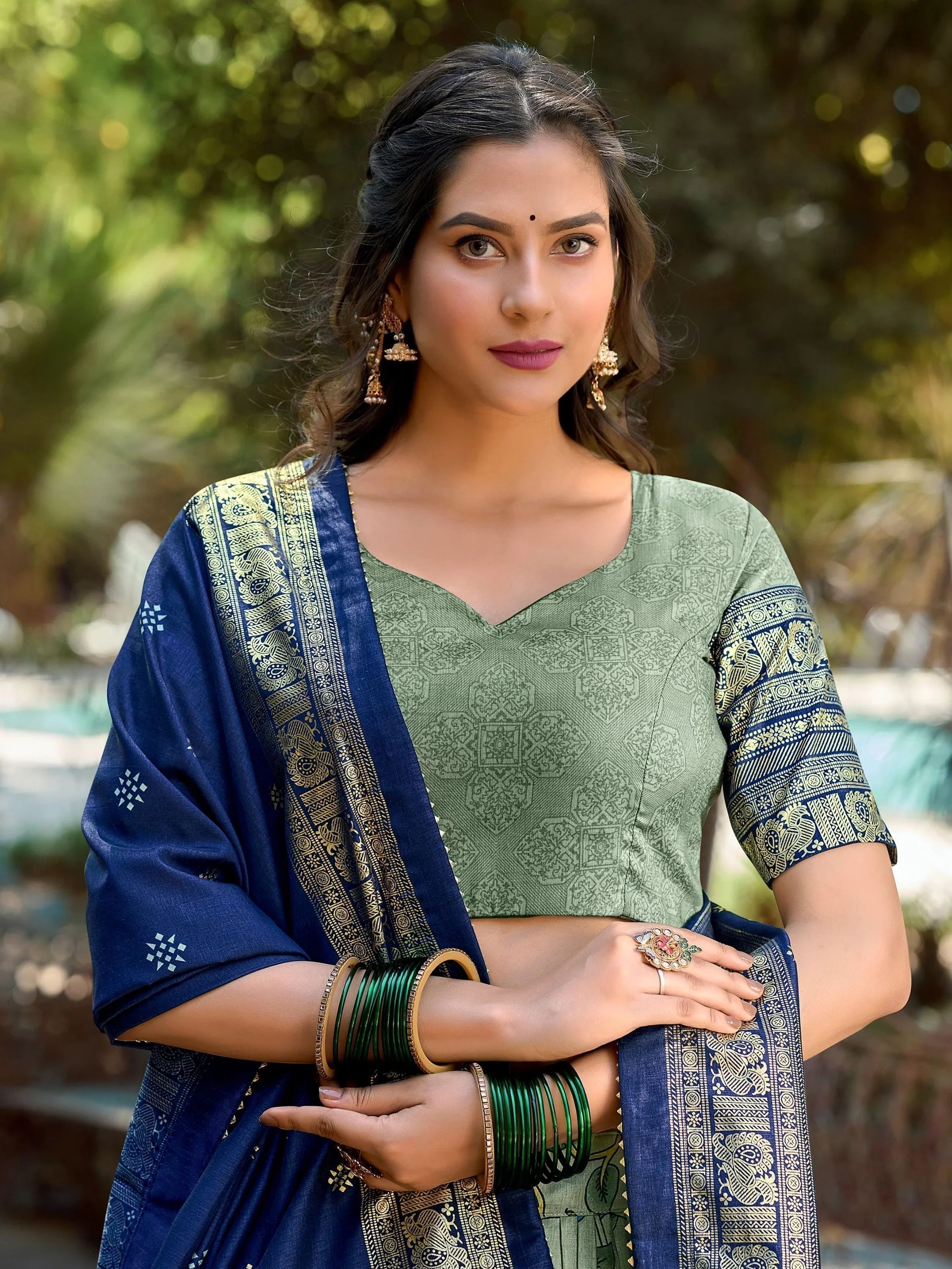 Sage Green Tussar Silk Lehenga Choli with Kalamkari Print & Foil Work – Elegant Ethnic Wear