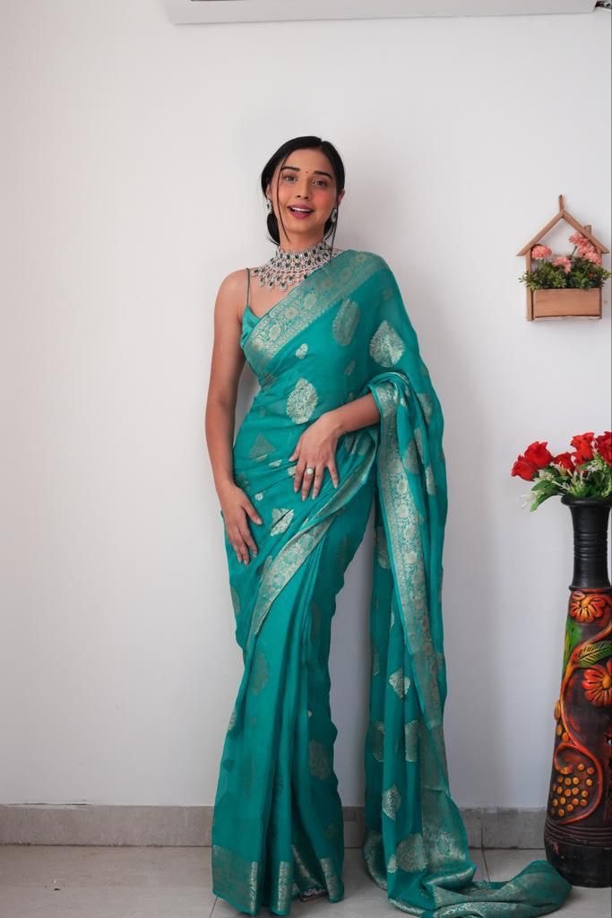 Sea Green Cotton Silk Saree with Rich Jacquard Weave and Matching Blouse