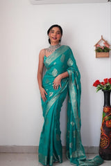 Sea Green Cotton Silk Saree with Rich Jacquard Weave and Matching Blouse