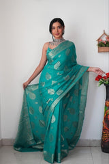 Sea Green Cotton Silk Saree with Rich Jacquard Weave and Matching Blouse