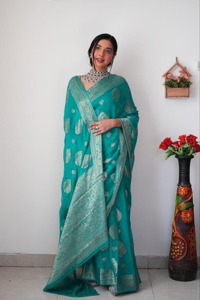 Sea Green Cotton Silk Saree with Rich Jacquard Weave and Matching Blouse