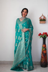 Sea Green Cotton Silk Saree with Rich Jacquard Weave and Matching Blouse