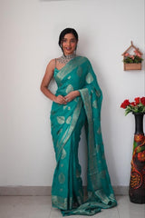 Sea Green Cotton Silk Saree with Rich Jacquard Weave and Matching Blouse