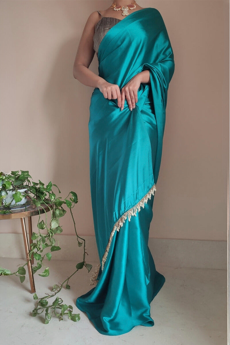 Sea Green Satin Silk Ready Saree