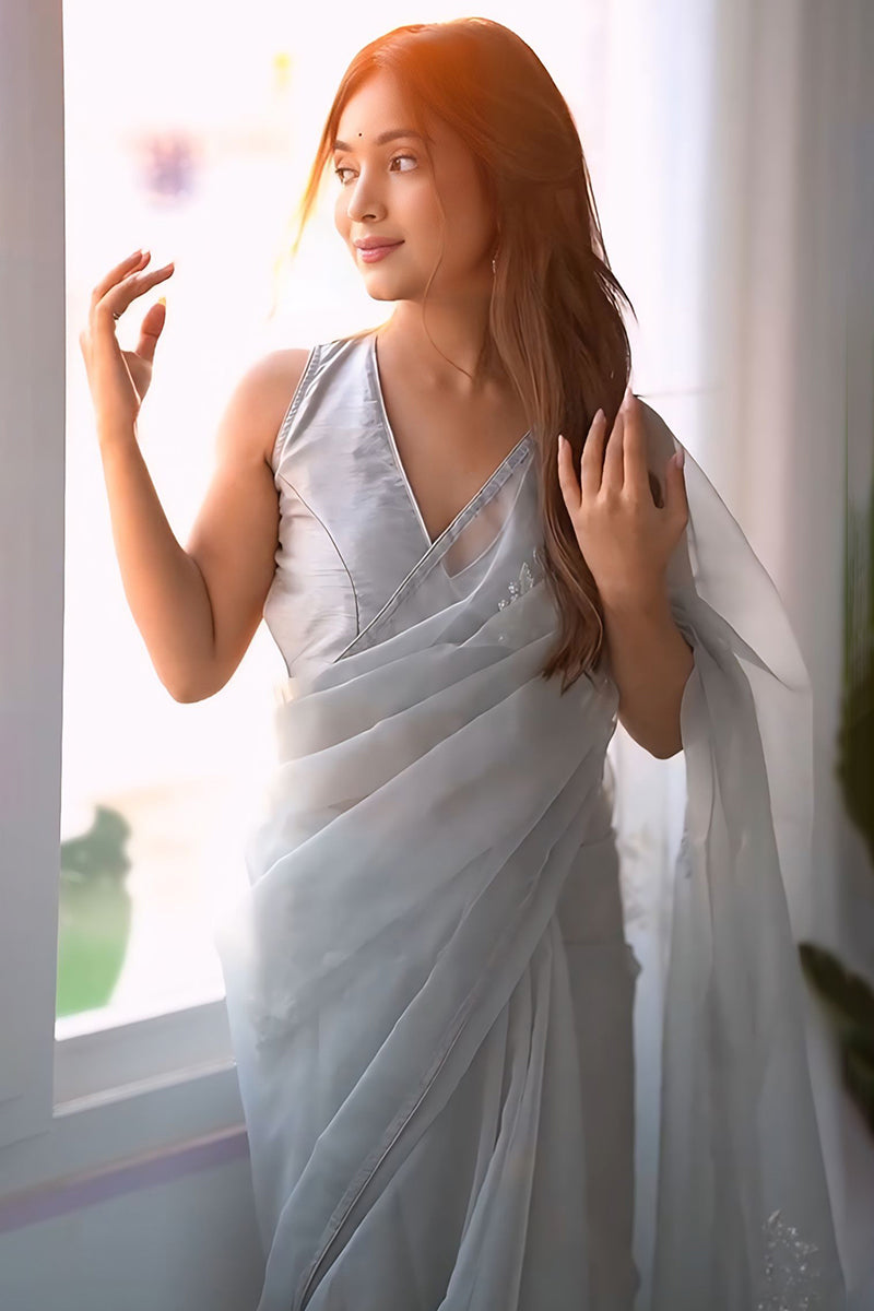 Grey Organza Silk Ready-to-Wear Saree