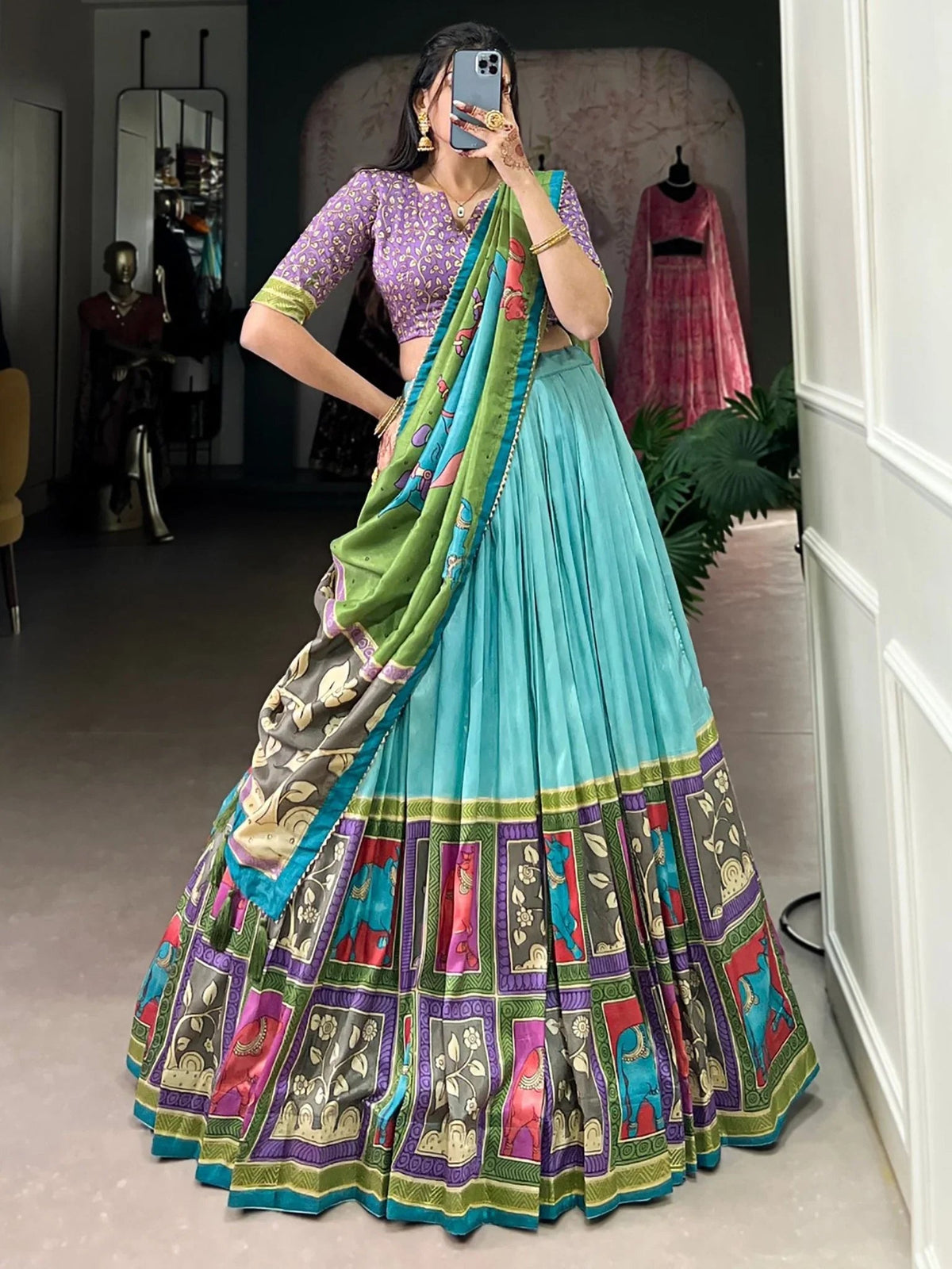 Sky-Blue Kalamkari Printed Tussar Silk Lehenga Choli with Gota Patti Work