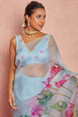 Sky Blue Organza Silk Ready-to-Wear Saree