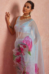 Sky Blue Organza Silk Ready-to-Wear Saree
