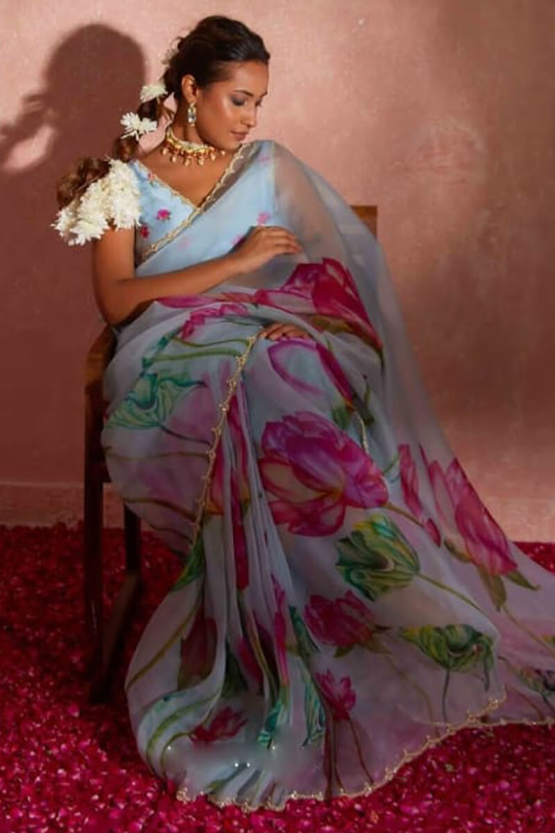 Sky Blue Organza Silk Ready-to-Wear Saree
