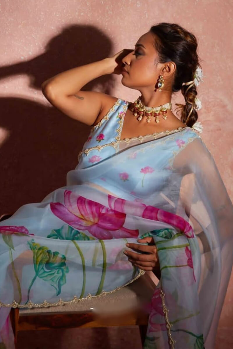 Sky Blue Organza Silk Ready-to-Wear Saree