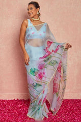 Sky Blue Organza Silk Ready-to-Wear Saree