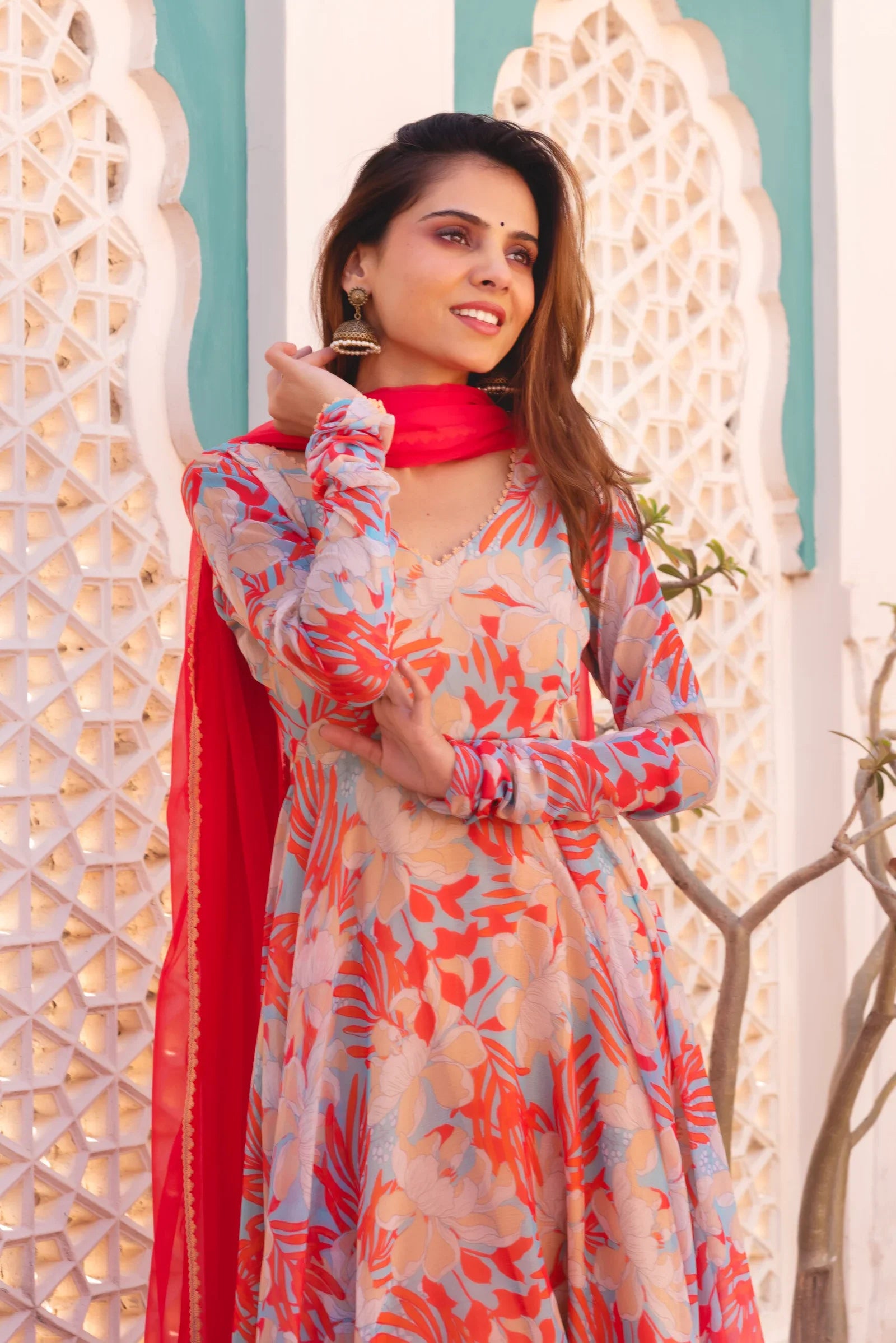 Soft Chiffon Suit with Cotton Bottoms – 3-Piece Side-Zip Set