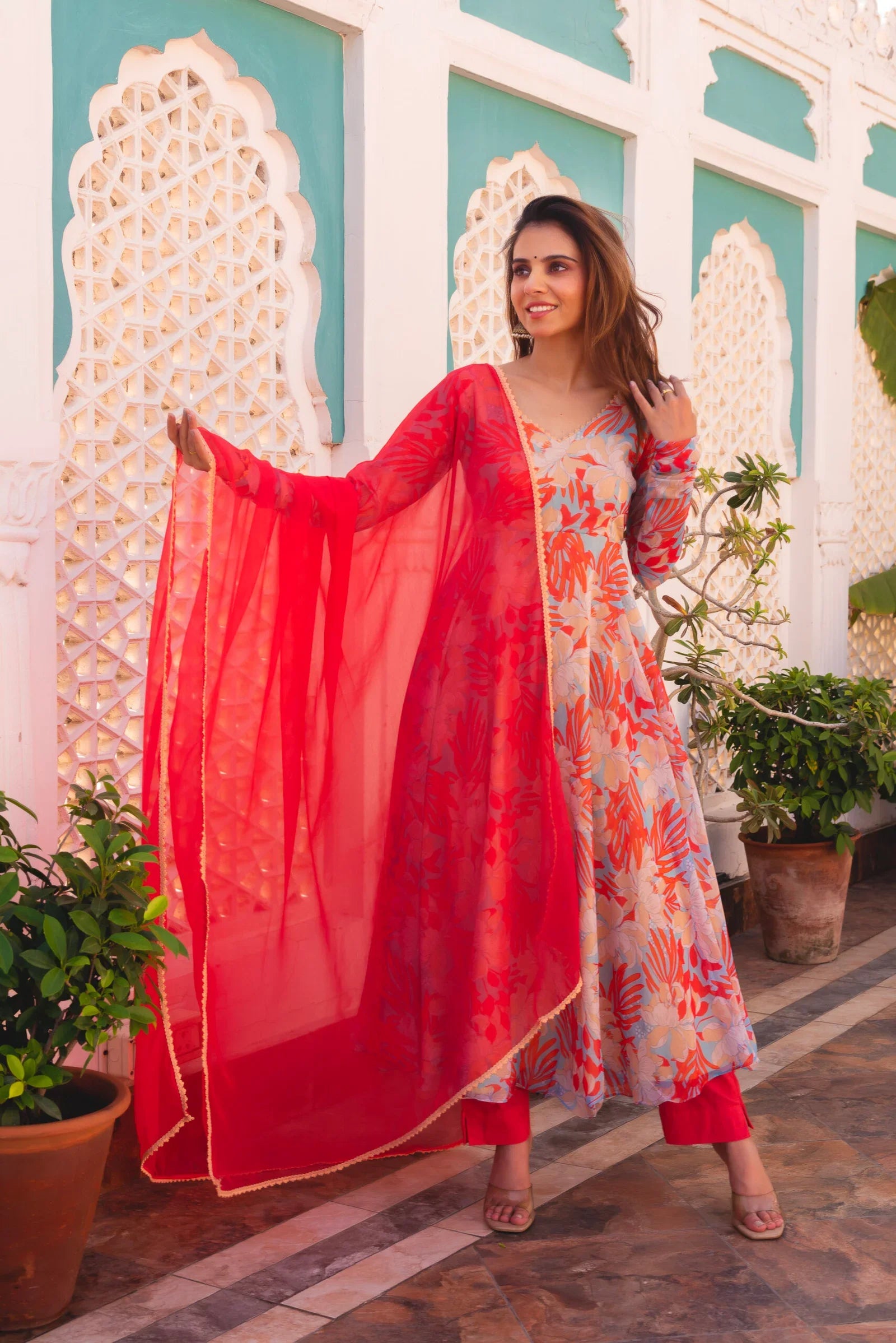 Soft Chiffon Suit with Cotton Bottoms – 3-Piece Side-Zip Set