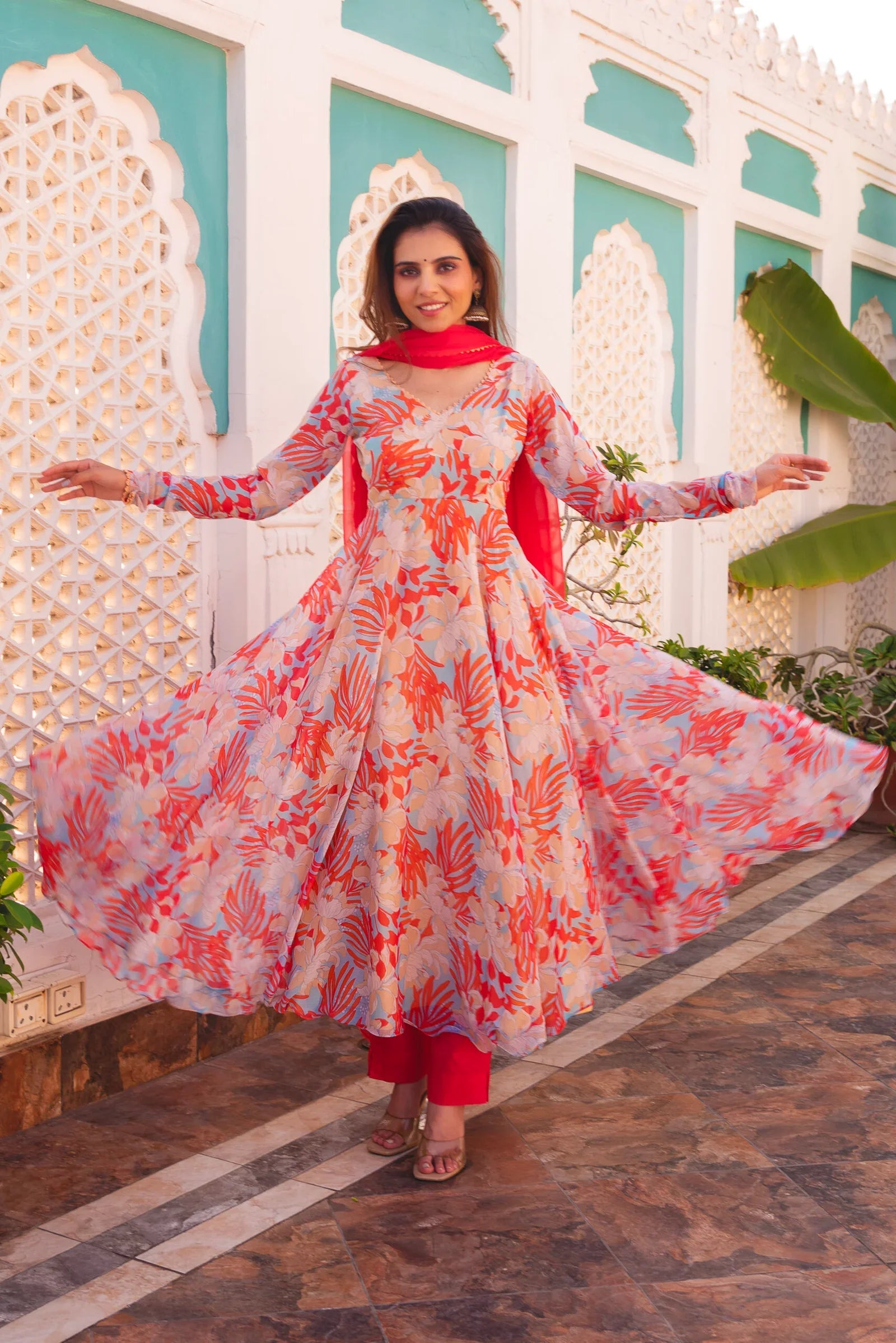 Soft Chiffon Suit with Cotton Bottoms – 3-Piece Side-Zip Set